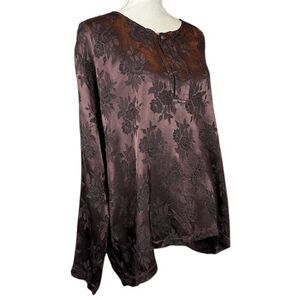 CP Shades Hand Dyed Brown Floral Jacquard Blouse Rayon Satin Size Small